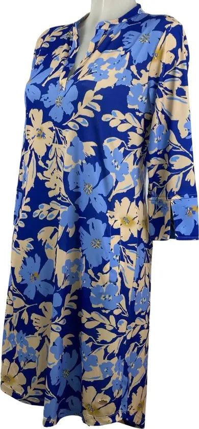 Angelle Milan – Travelkleding voor dames – Blauw/creme bloemen Jurk – Ademend – Kreukherstellend – Duurzame jurk - In 5 maten - Maat XL