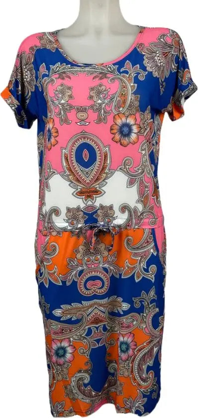 Angelle Milan – travelstof jurk –Blauw/Roze/Oranje Strik Jurk – Ademend – Kreukherstellend – Duurzame jurk - Mapsy B.V