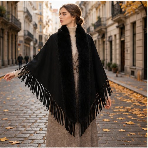 Suedine Driehoek Poncho met Franjes & Faux Fur Kraag