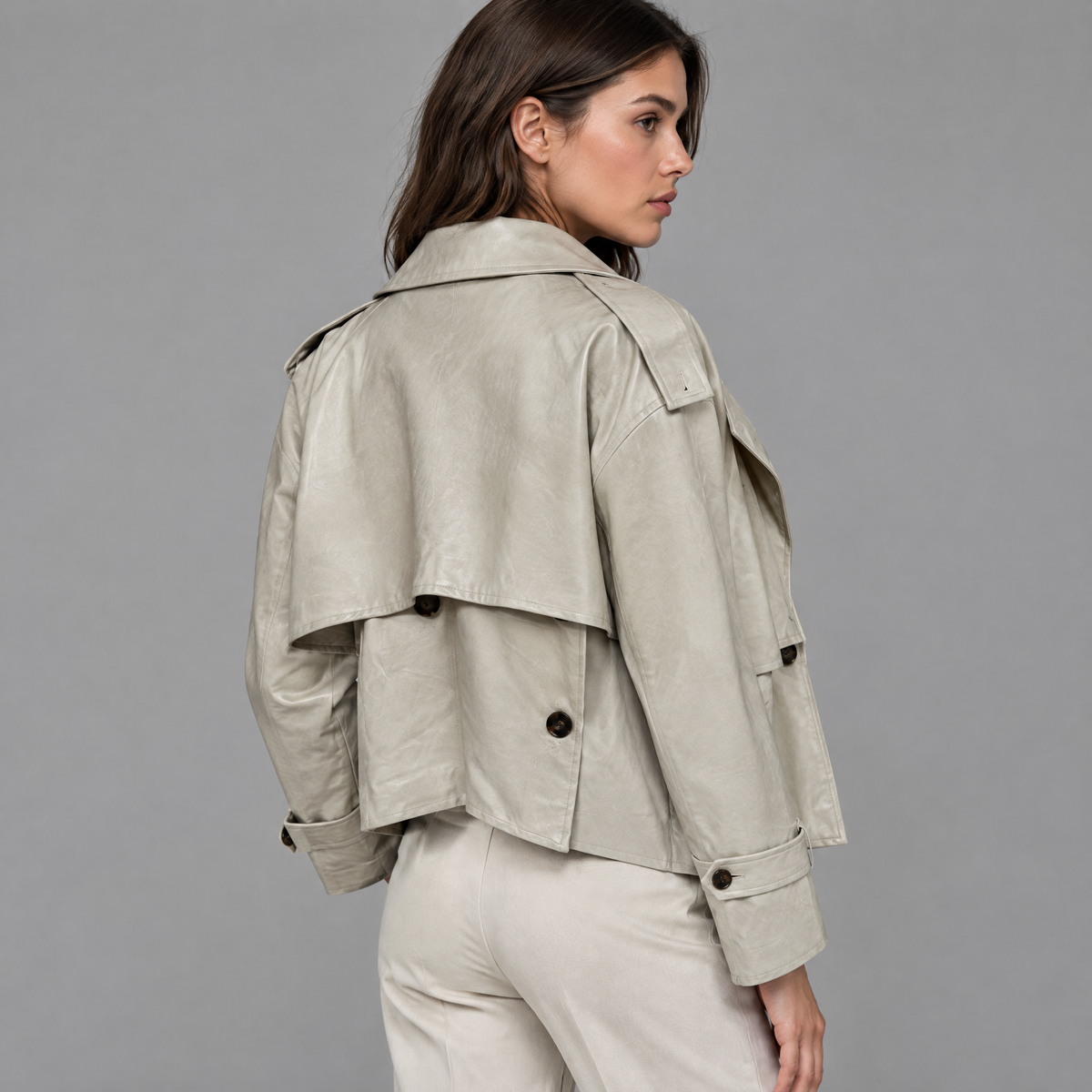 Korte Trenchjas in Leerlook met Dubbele Knopenrij, foto 8