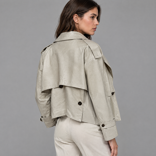 Korte Trenchjas in Leerlook met Dubbele Knopenrij, foto 8