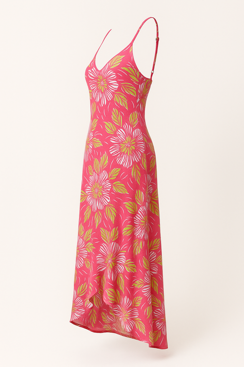 Angelle Milan Maxi Jurk – Koraalroze Tropenprint – Spaghettibandjes – Travelstof – V-ruffle Zoom – Maten S t/m XXL - Mapsy B.V