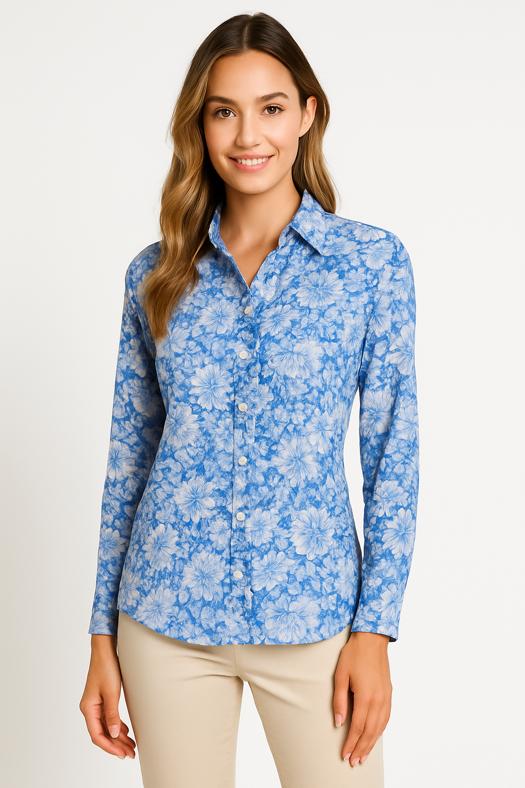 🌸 SOPHYLINE Blouse met Fijnbloemige Print – 100% Katoen – Zachtblauw & Elegant – Maten S t/m XL