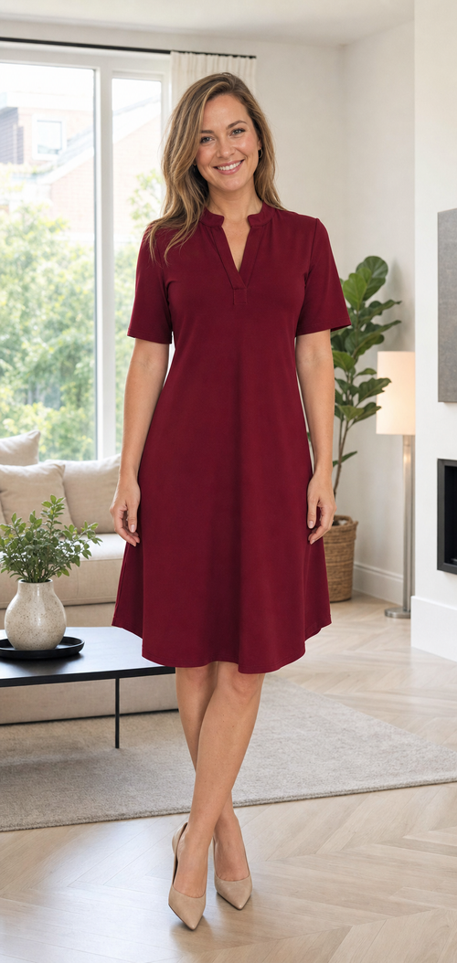 Angelle Milan Travelstof Jurk - Bordeaux Effen