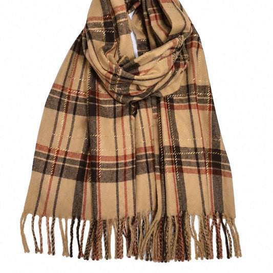 Geruite Tartan Sjaal met Franjes in Camel