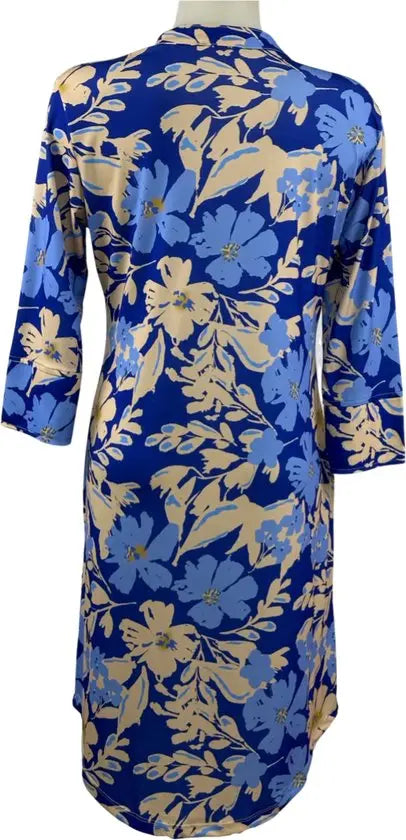 Angelle Milan – Travelkleding voor dames – Blauw/creme bloemen Jurk – Ademend – Kreukherstellend – Duurzame jurk - In 5 maten - Maat XL