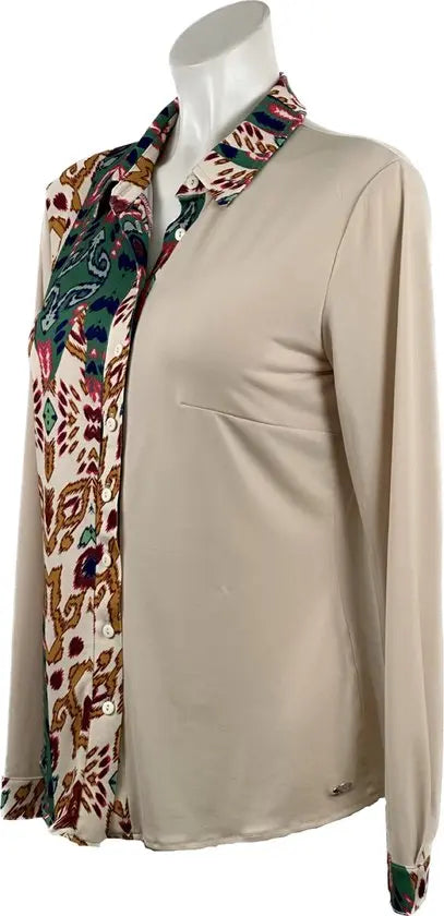 Angelle Milan - Blouse in 50/50 Groen/Beige voor Dames - Travelstof - Comfort - Strijkvrij - Duurzaam - Maat XXL - In 5 maten!