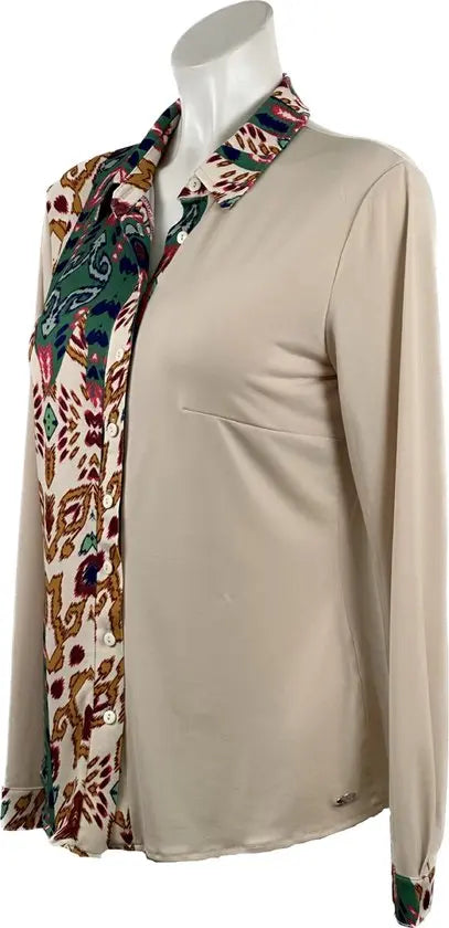Angelle Milan - travelstof Blouse in 50/50 Groen/Beige voor Dames - Travelstof - Comfort - Strijkvrij - Duurzaam - In 5 maten! - Mapsy B.V