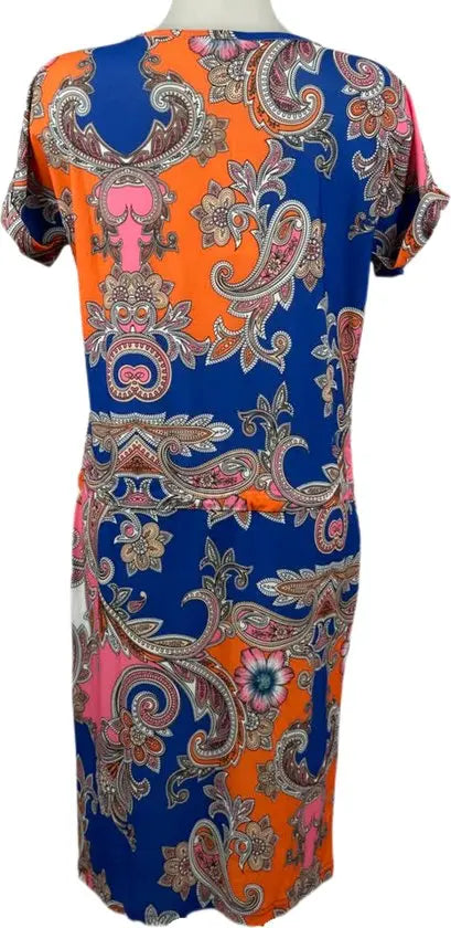 Angelle Milan – travelstof jurk –Blauw/Roze/Oranje Strik Jurk – Ademend – Kreukherstellend – Duurzame jurk - Mapsy B.V