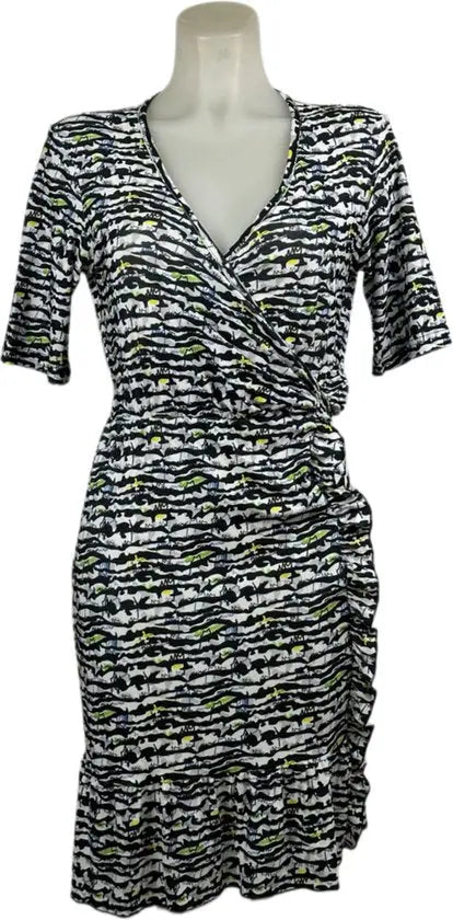 Angelle Milan – travelstof jurk voor dames – Zebra Geel Groen Blauwe Lange Mouw OverslagJurk – Ademend – Kreukherstellend – Duurzame jurk - Mapsy B.V