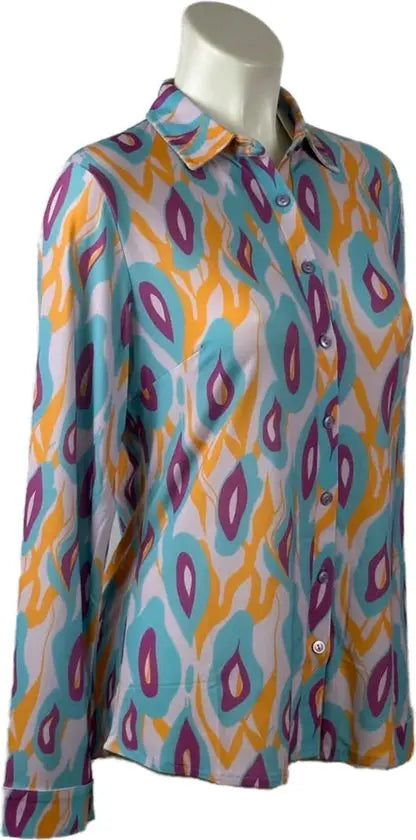 Angelle Milan - Multiblauwe/Oranje travelstof Blouse voor Dames - Travelstof - Ademend - Kreukherstellend - Duurzaam - in 5 maten! - Mapsy B.V