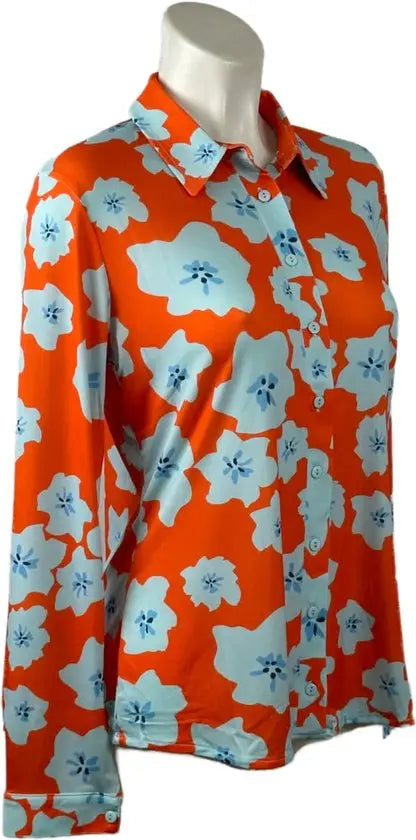 Angelle Milan - Oranje/Lichtblauwe travelstof Blouse voor Dames - Travelstof - Ademend - Kreukherstellend - Duurzaam - in 5 maten! - Mapsy B.V