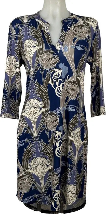 Angelle Milan - Travelkleding voor dames - Print Marine blauw - Ademend - Kreukherstellend - Duurzame zomerjurk - Maat XXL - in 5 maten!