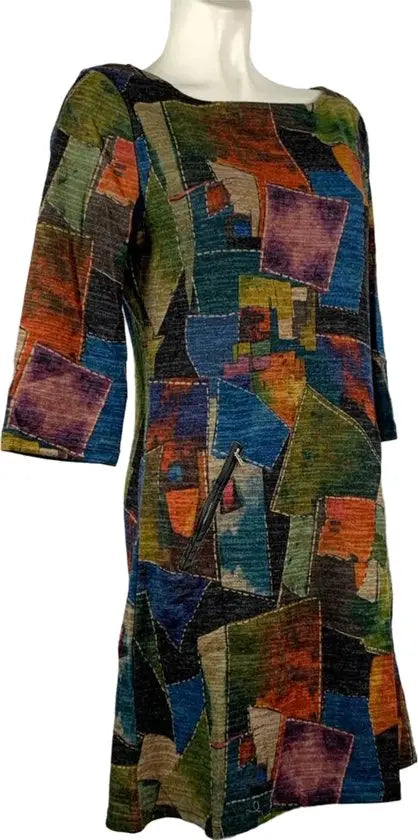 Vegas Herfstcollectie - Dames Shift Jurk - Abstract Geometrisch Motief - Comfortabele pasvorm - Ademende stof - Maat M - in 5 maten!