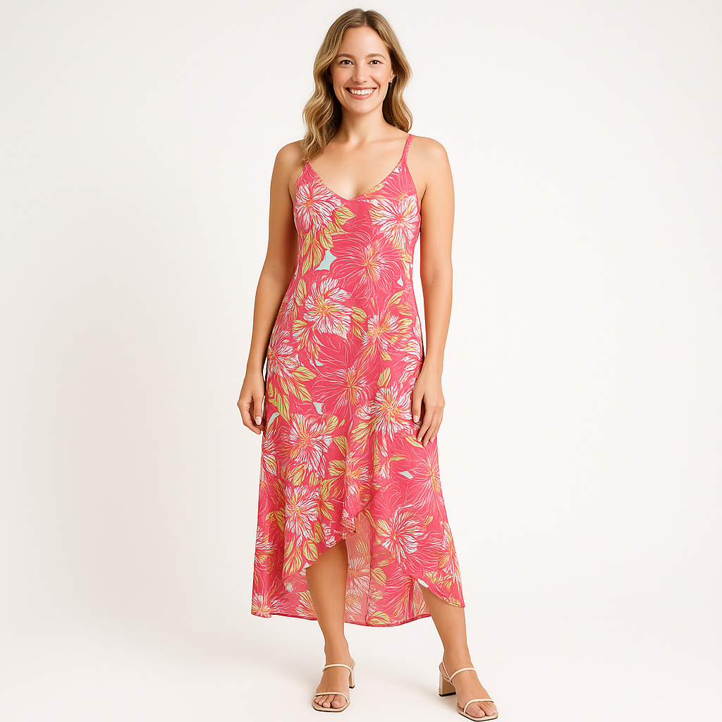Angelle Milan Maxi Jurk – Koraalroze Tropenprint – Spaghettibandjes – Travelstof – V-ruffle Zoom – Maten S t/m XXL - Mapsy B.V