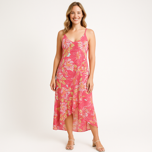 Angelle Milan Maxi Jurk – Koraalroze Tropenprint – Spaghettibandjes – Travelstof – V-ruffle Zoom – Maten S t/m XXL - Mapsy B.V