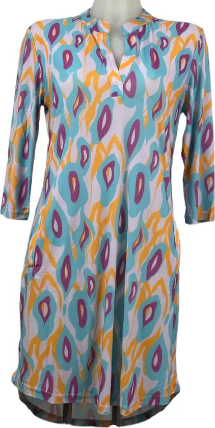 Angelle Milan – travelstof tuniek voor dames – Paars/blauw/gele Jurk – Ademend – Kreukherstellend – Duurzame jurk - Mapsy B.V