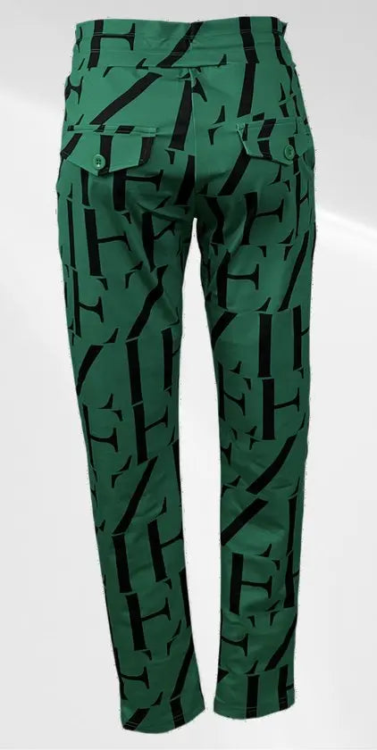 Angelle Milan - Casual broek - Groen met zwarte letters - Met taillekoord - Travelstof - In maat S - In 5 maten beschikbaar