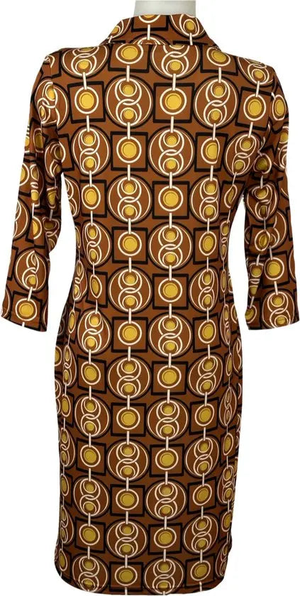 Angelle Milan - travelstof jurk voor dames - Multikleur Bruin/Geel - Ademend - Kreukherstellend - Duurzame zomerjurk - in 5 maten! - Mapsy B.V