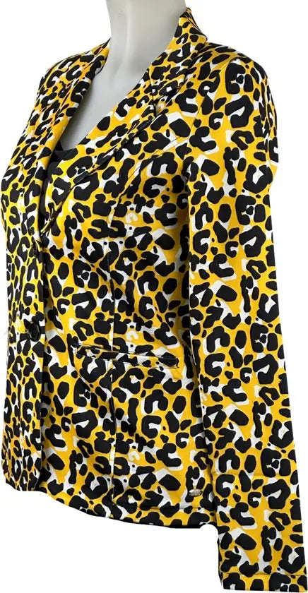 Angelle Milan - Geel-Zwarte bloemen print travelstof blazer voor Dames - Travelstof - Comfort - Strijkvrij - Duurzaam - In 5 maten! - Mapsy B.V