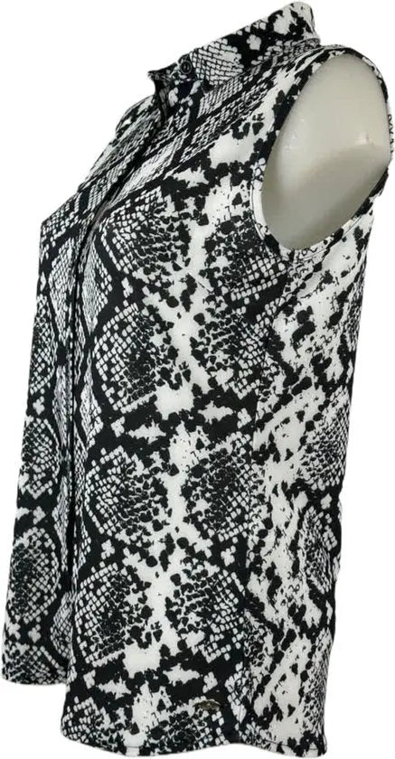 Angelle Milan – travelstof blouse – Zwart/witte Mouwloze Blouse – Ademend – Kreukherstellend – Duurzame blouse - Mapsy B.V