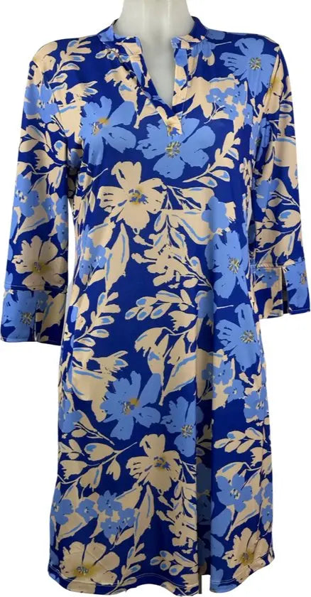 Angelle Milan – travelstof jurk – Blauw/creme bloemen Jurk – Ademend – Kreukherstellend – Duurzame jurk - Mapsy B.V
