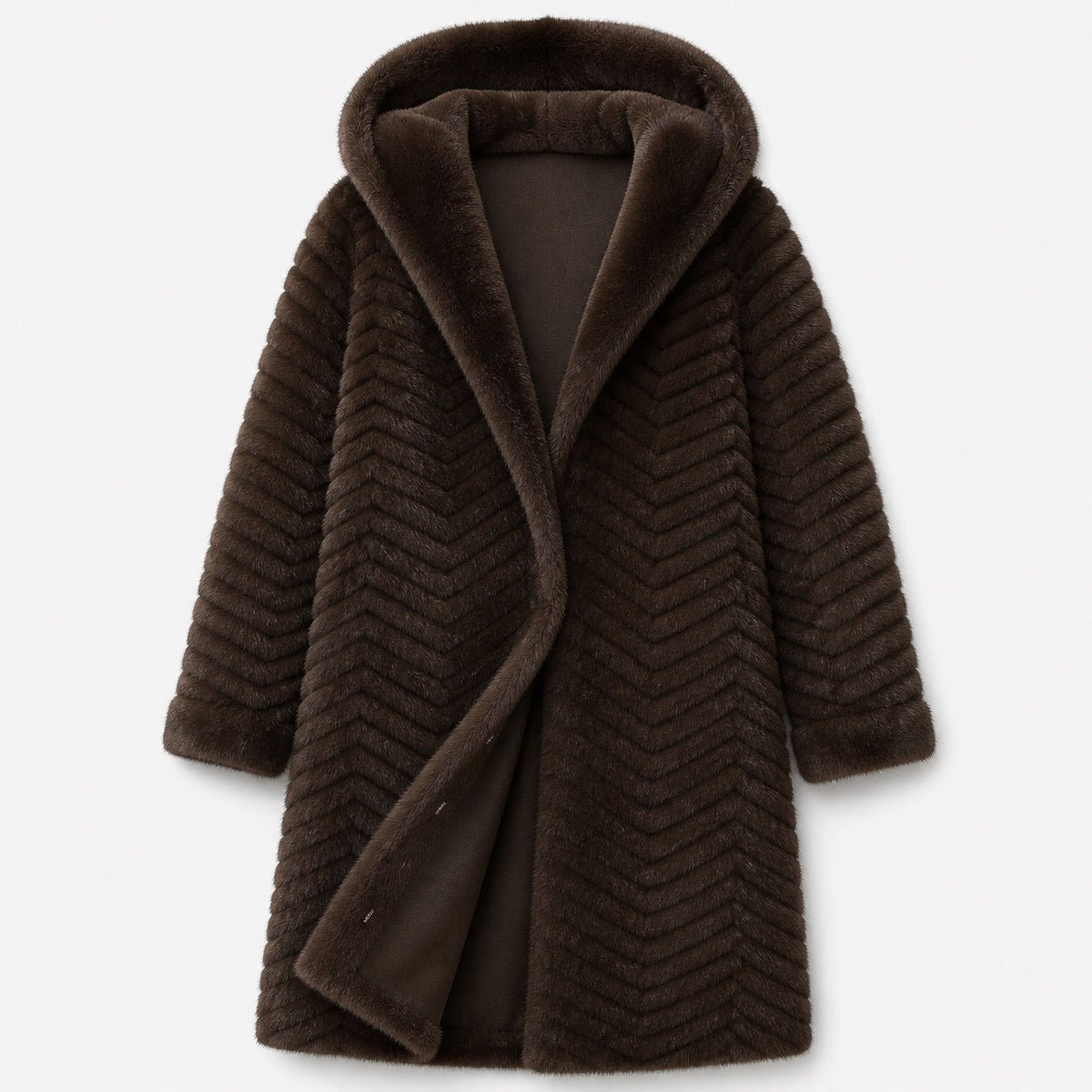 Lange Geribbelde Faux Fur Jas - Capuchon - One Size - Donkerbruin