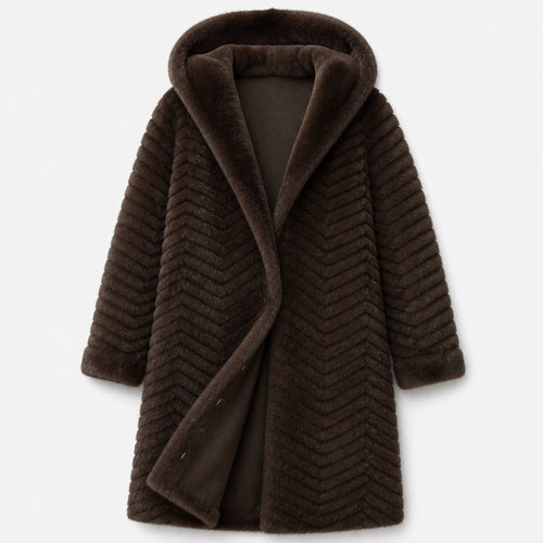 Lange Geribbelde Faux Fur Jas - Capuchon - One Size - Donkerbruin