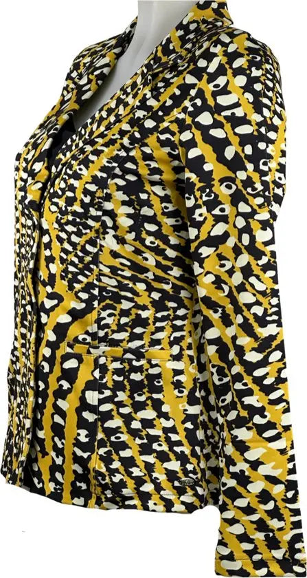 Angelle Milan - Geel-Zwart-wit print travelstof blazer voor Dames - Travelstof - Comfort - Strijkvrij - Duurzaam - In 5 maten! - Mapsy B.V
