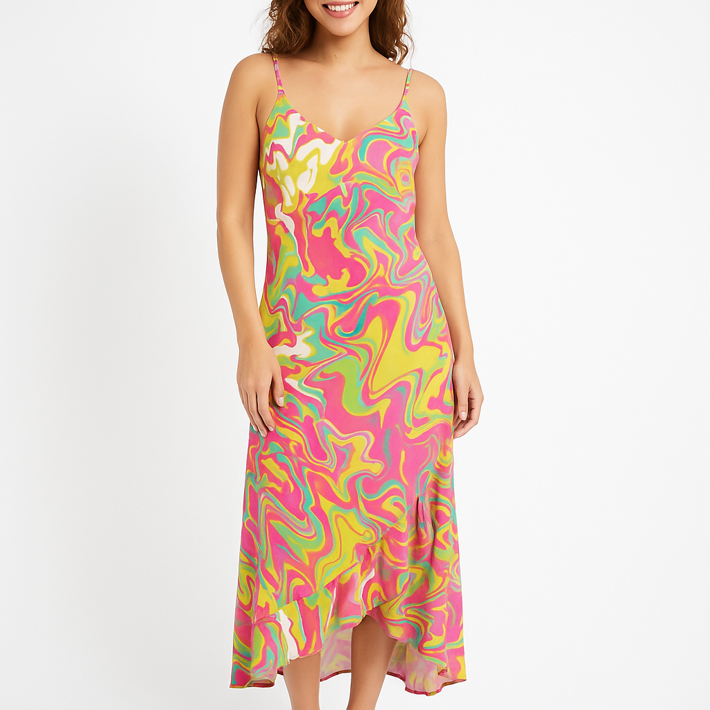 Angelle Milan Maxi Jurk – Psychedelic Swirl Print – Spaghettibandjes – V-ruffle Zoom – Travelstof – Maten S t/m XXL