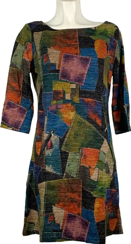 Vegas Herfstcollectie - Dames Shift Jurk - Abstract Geometrisch Motief - Comfortabele pasvorm - Ademende stof - Maat M - in 5 maten!