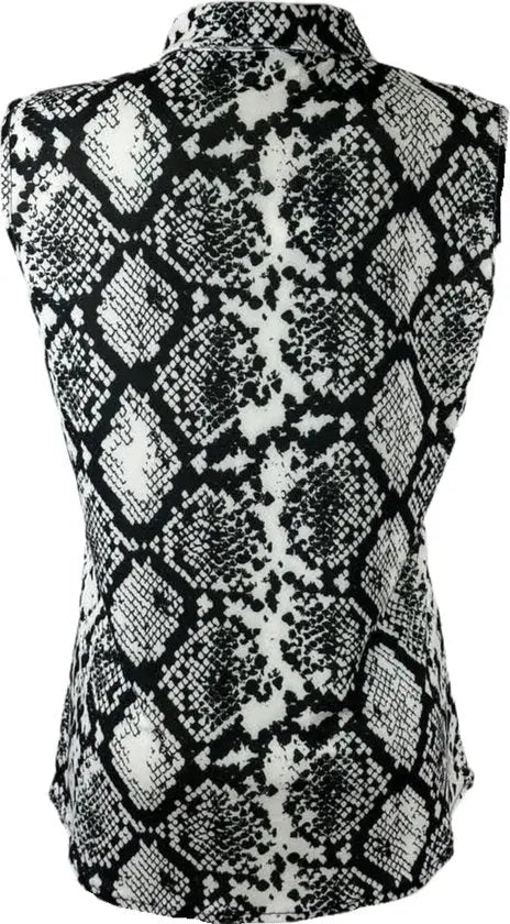 Angelle Milan – travelstof blouse – Zwart/witte Mouwloze Blouse – Ademend – Kreukherstellend – Duurzame blouse - Mapsy B.V