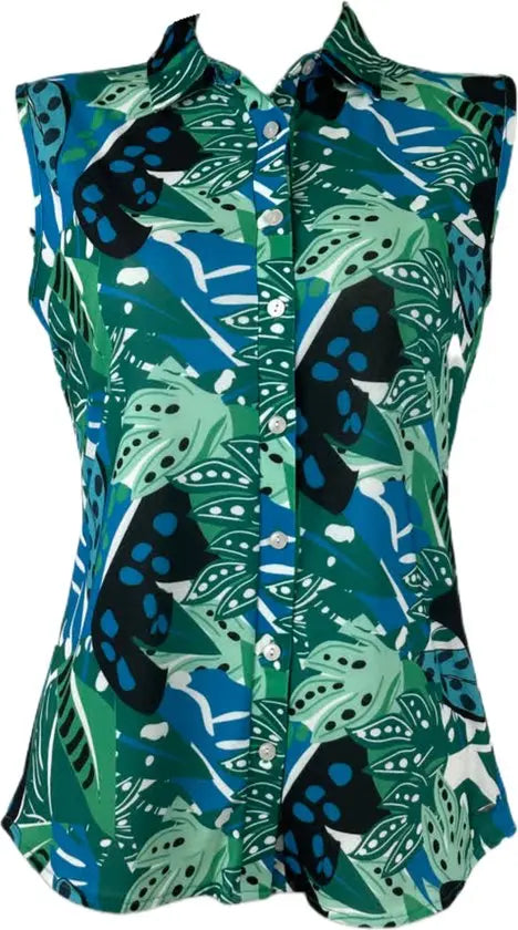 Angelle Milan – travelstof blouse – Blauwe Mouwloze Blouse – Ademend – Kreukherstellend – Duurzame blouse - Mapsy B.V