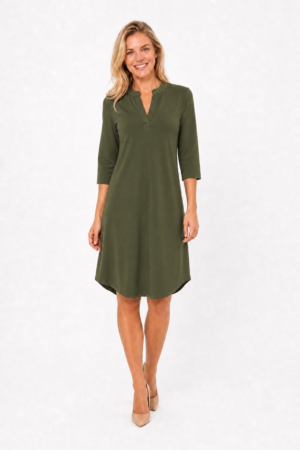 Angelle Milan Travelstof Jurk - Army Groen Effen - Driekwart Mouw