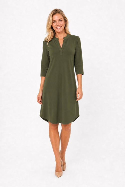 Angelle Milan Travelstof Jurk - Army Groen Effen - Driekwart Mouw