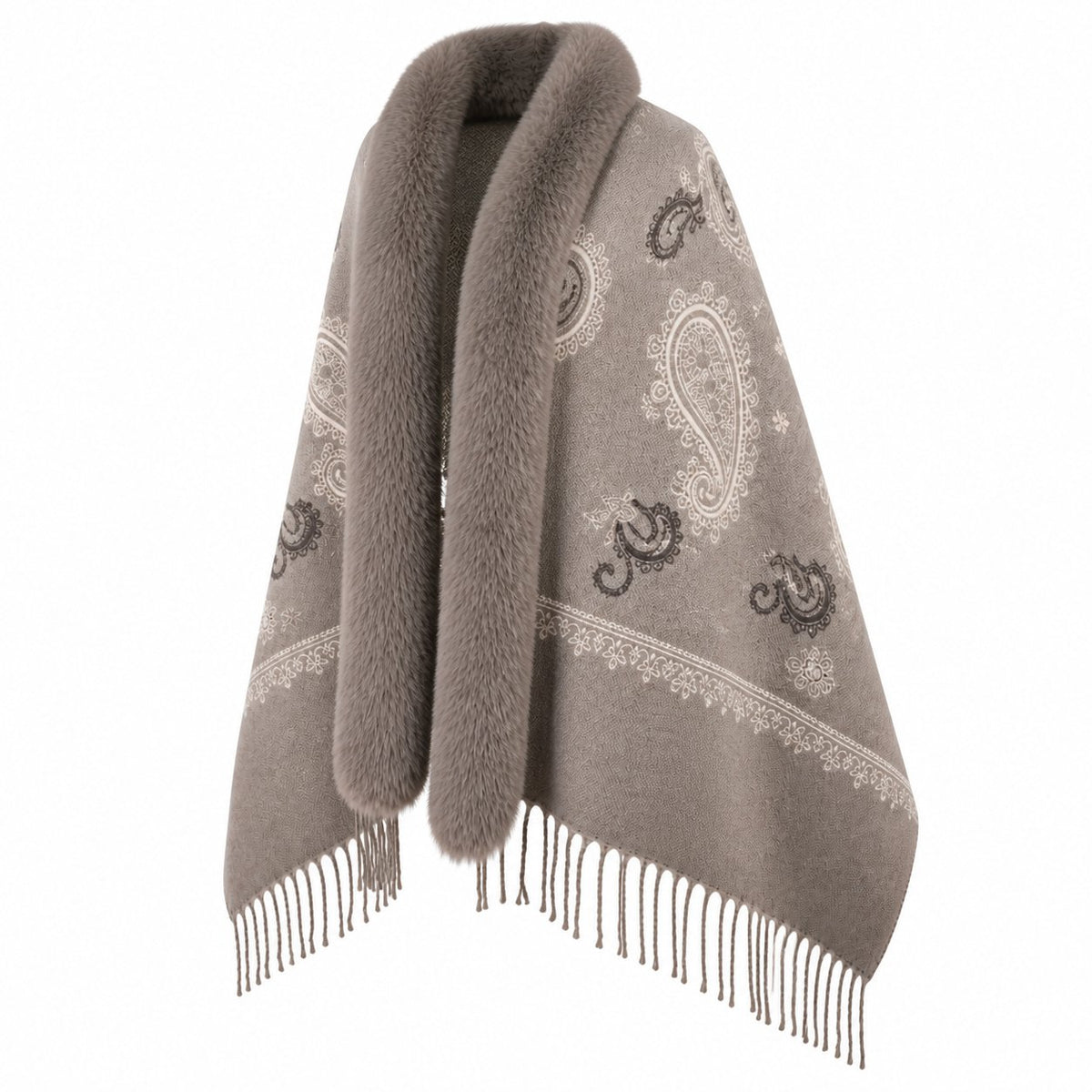 Paisley Stola met Faux Fur Rand - 65x180 cm