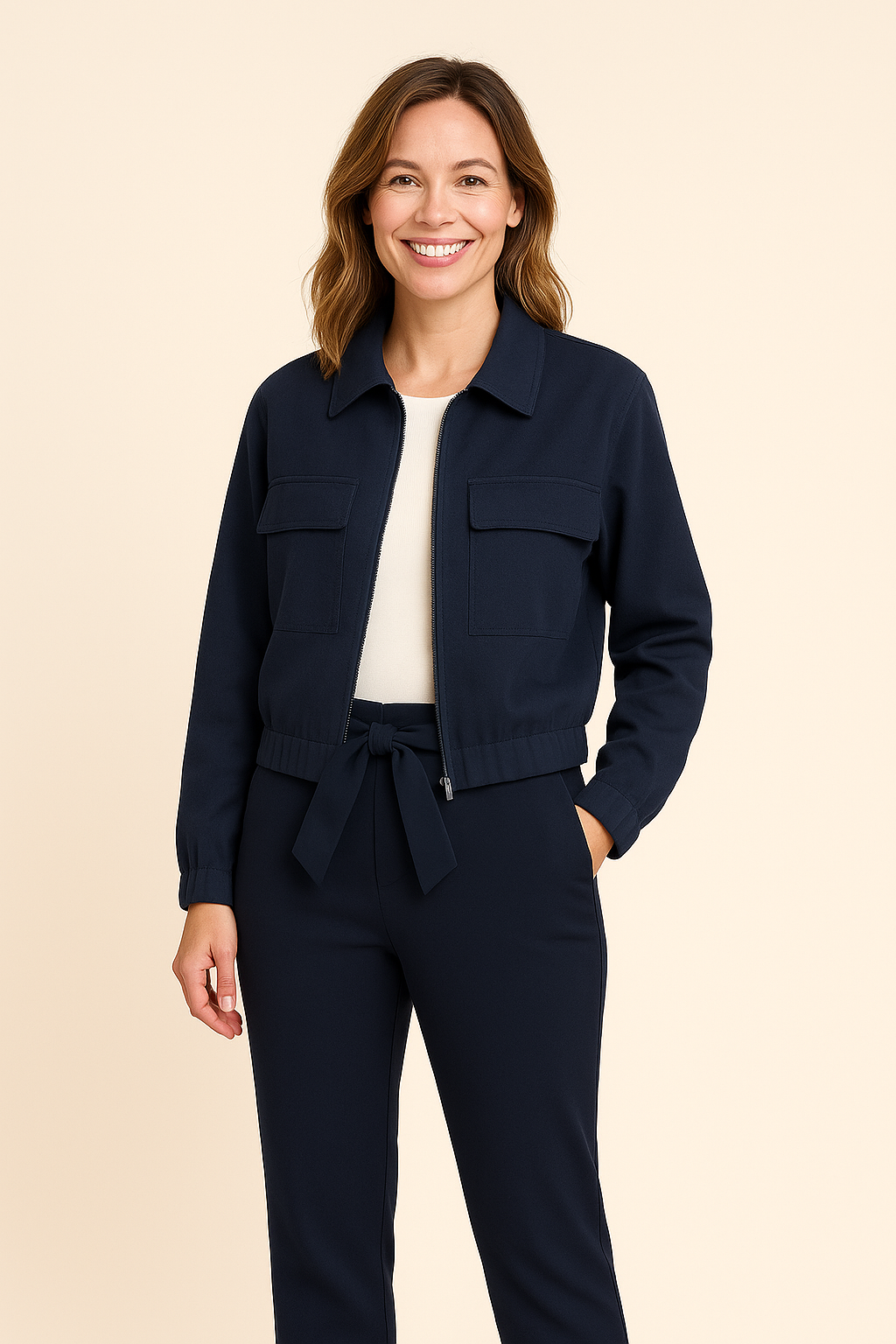💙 Ann Gissy Stretch Jasje met Rits en Zakjes – Marineblauw – Comfort Fit – Maten S t/m XXL