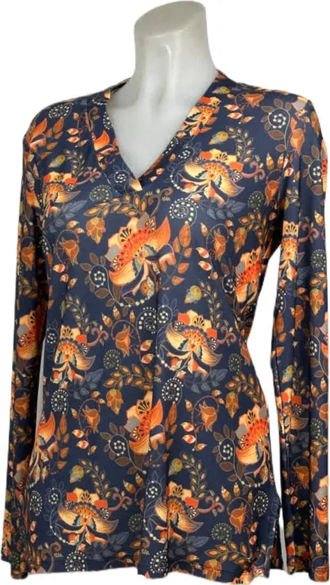 Angelle Milan – Travelkleding voor dames – Navy Oranje bloemen blouse – Ademend – Kreukvrij – Duurzame Jurk - In 5 maten - Maat S