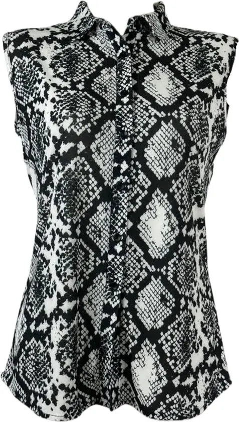 Angelle Milan – travelstof blouse – Zwart/witte Mouwloze Blouse – Ademend – Kreukherstellend – Duurzame blouse - Mapsy B.V
