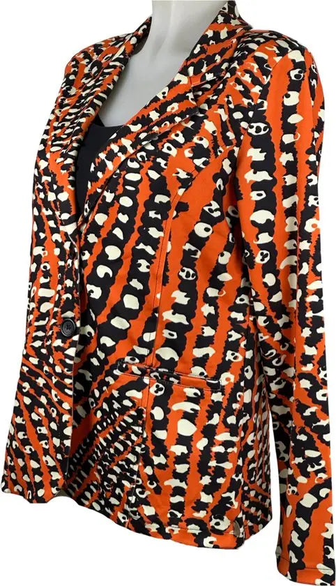 Angelle Milan - Oranje-Zwarte print blazer voor Dames - Travelstof - Comfort - Strijkvrij - Duurzaam - Maat L - In 5 maten!