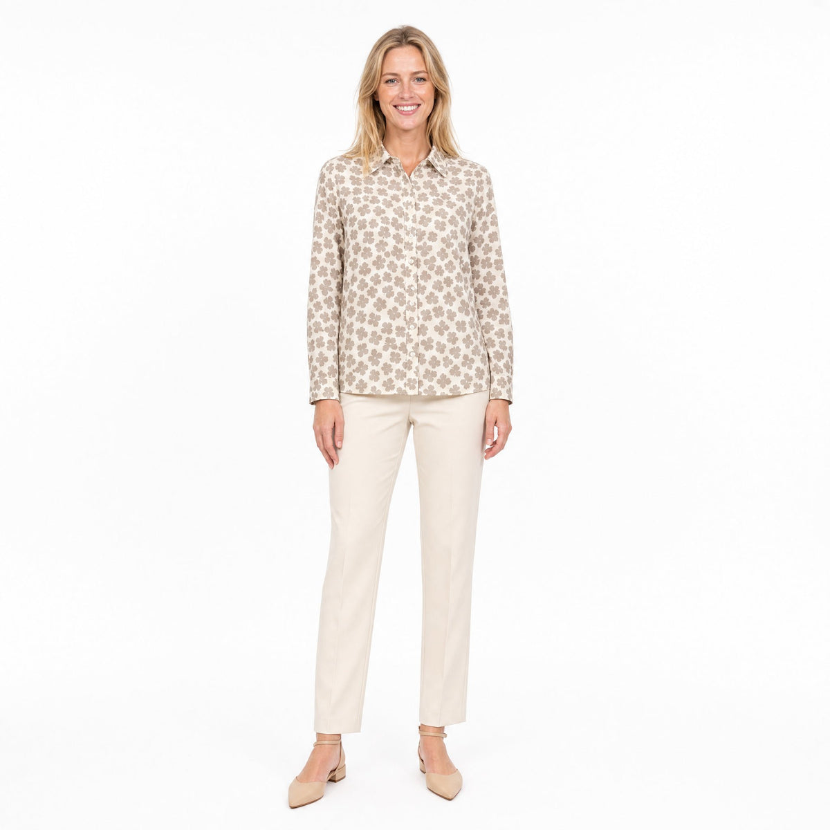 Angelle Milan Travelstof Blouse - Crème Taupe Kleine Bloemenprint