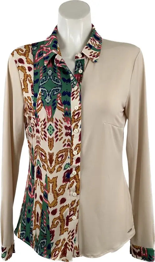 Angelle Milan - Blouse in 50/50 Groen/Beige voor Dames - Travelstof - Comfort - Strijkvrij - Duurzaam - Maat XXL - In 5 maten!