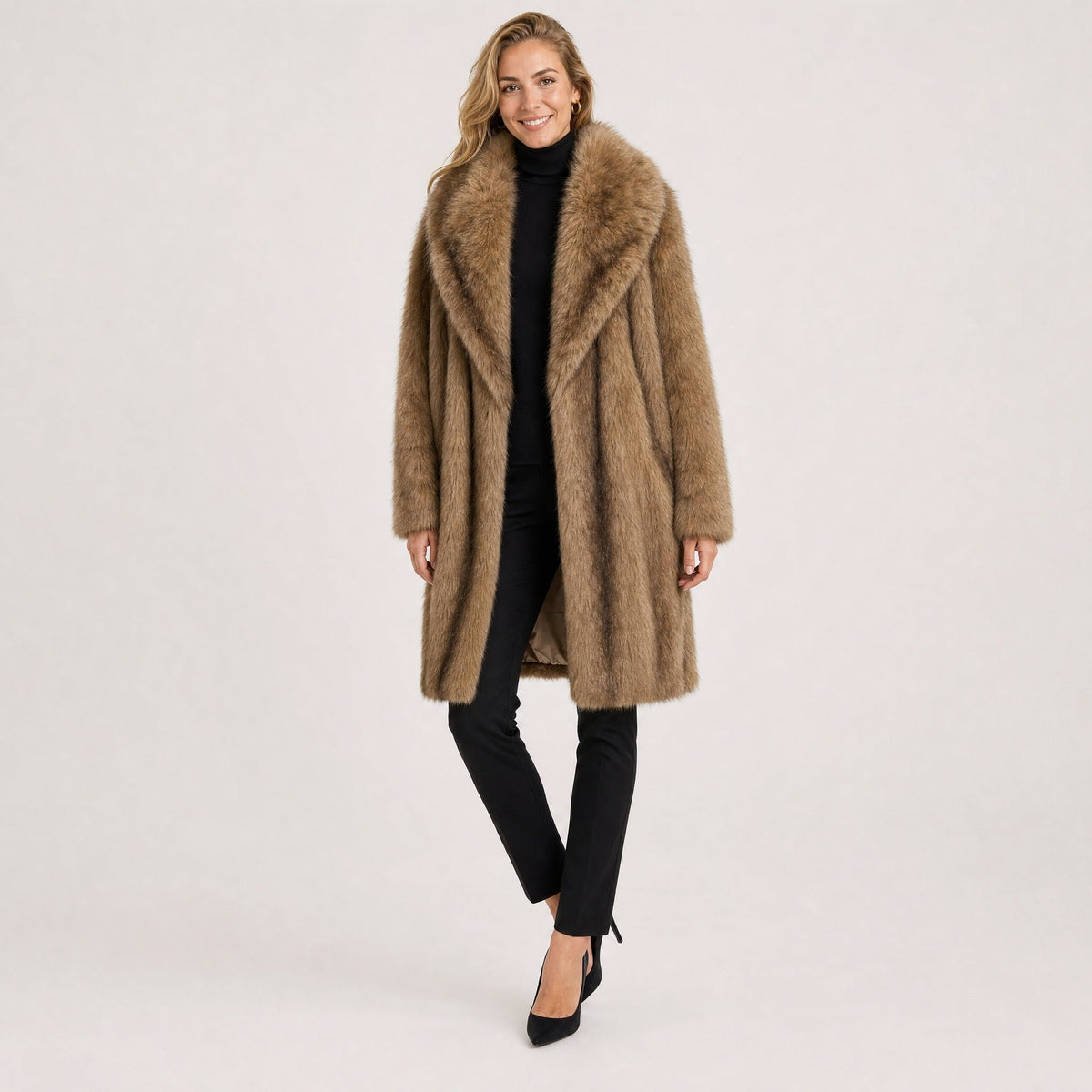 Lange Faux Fur Jas - One Size - Donkerbruin & Camel