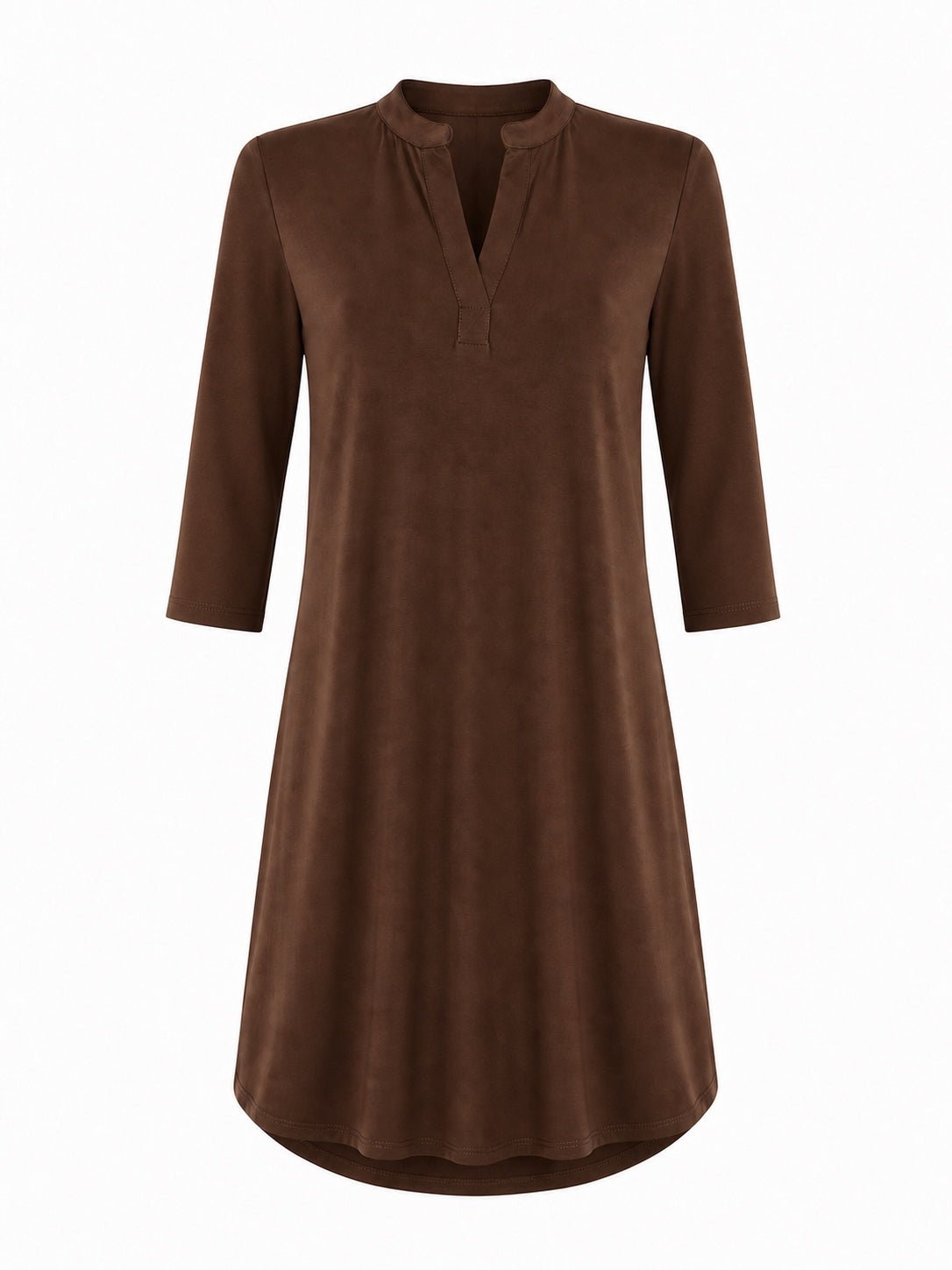 Angelle Milan Travelstof Jurk - Chocoladebruin Effen - Driekwart Mouw