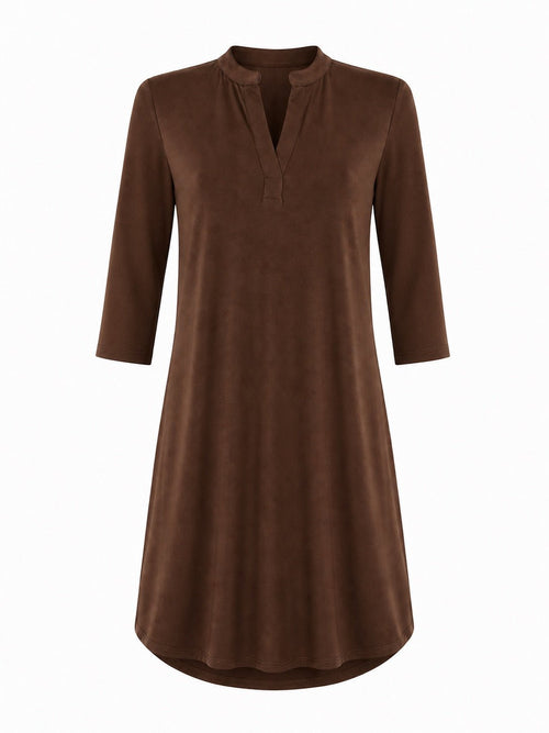 Angelle Milan Travelstof Jurk - Chocoladebruin Effen - Driekwart Mouw