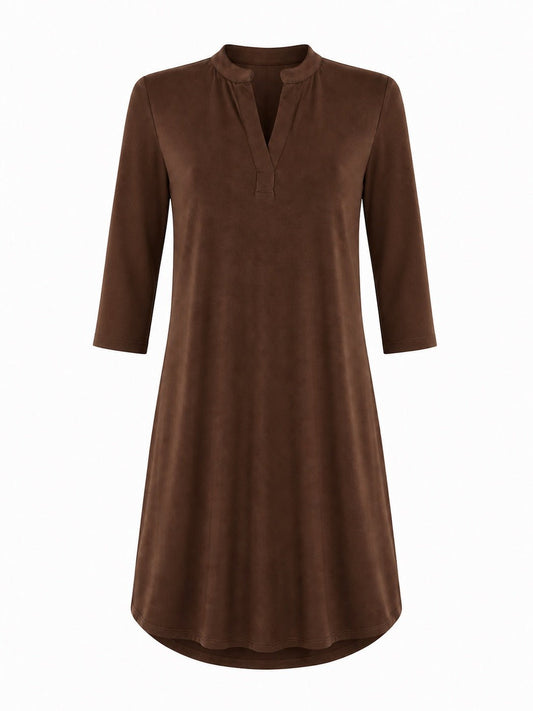 Angelle Milan Travelstof Jurk - Chocoladebruin Effen - Driekwart Mouw