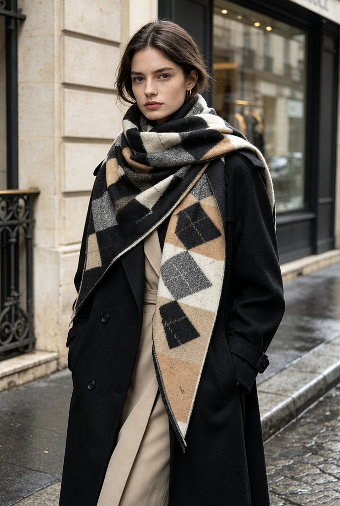 Grote Omslagsjaal met Argyle-ruitenpatroon in Zwart/Beige