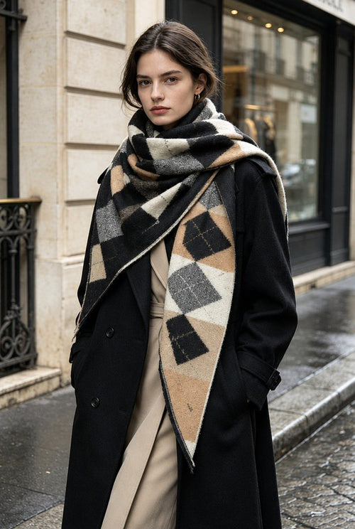 Grote Omslagsjaal met Argyle-ruitenpatroon in Zwart/Beige