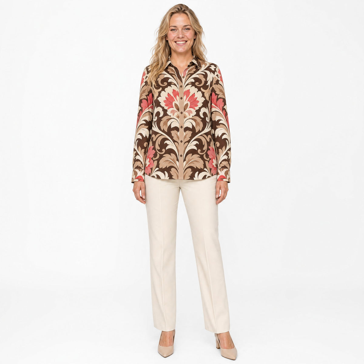 Angelle Milan Travelstof Blouse - Bruin Koraal Ornamentele Bloemenprint