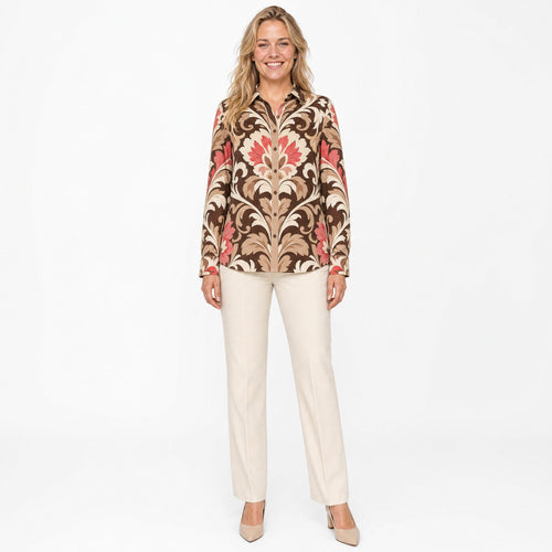 Angelle Milan Travelstof Blouse - Bruin Koraal Ornamentele Bloemenprint